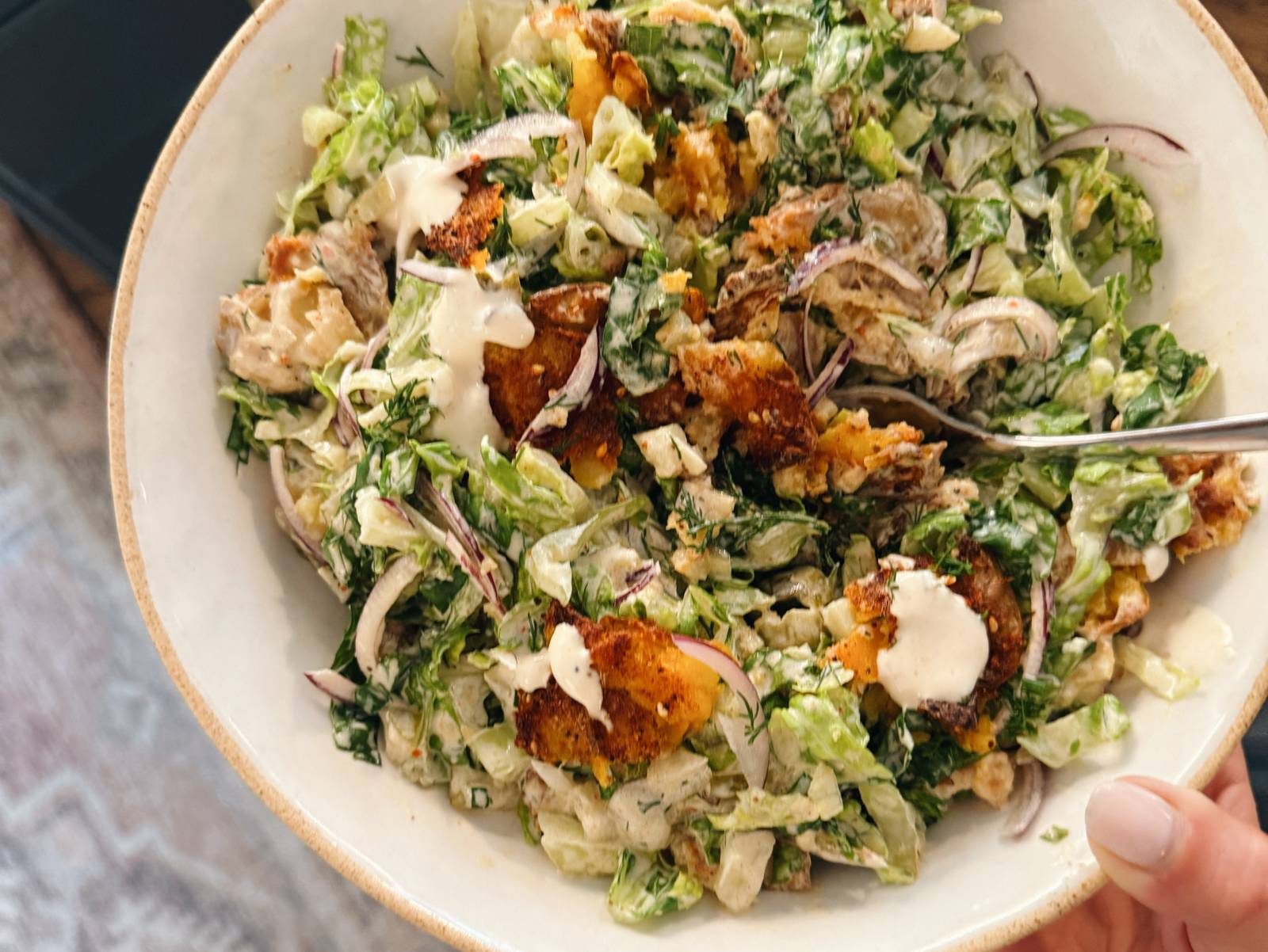 Crispy smashed potato salad.