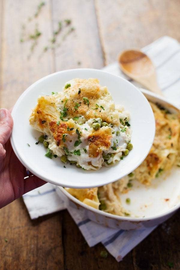 Garlic Parmesan Chicken Lasagna Bake on a white plate.