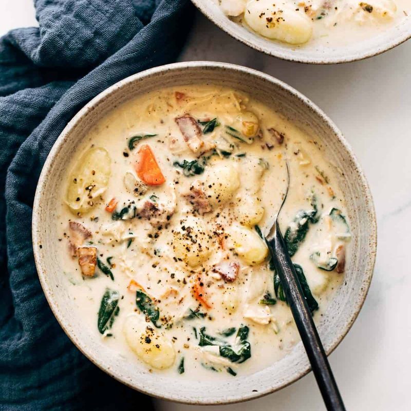 Chicken gnocchi soup in a bowl.