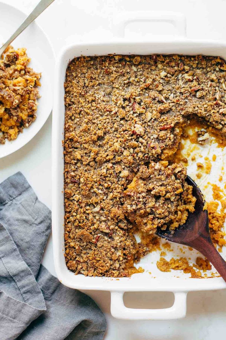 Sweet potato casserole in a dish.