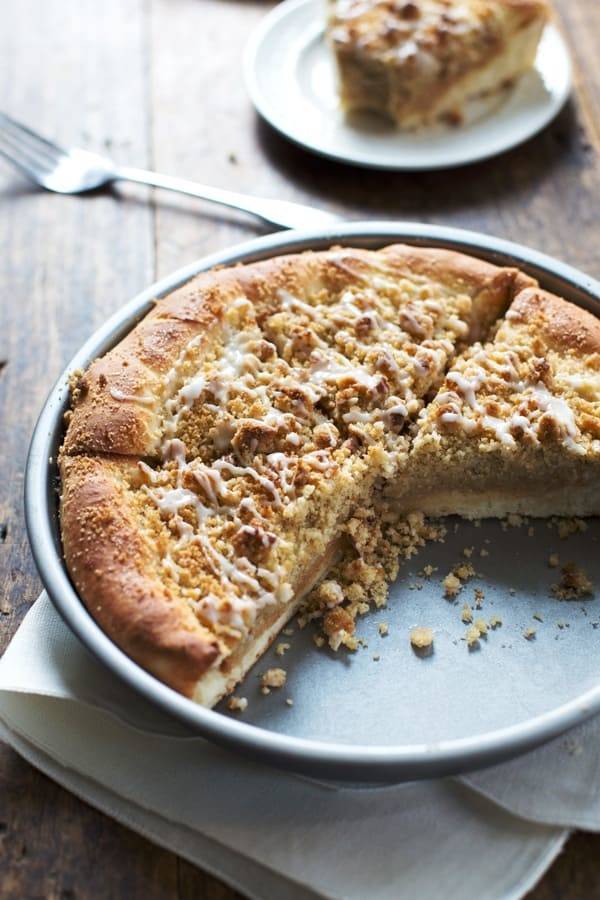 Deep Dish Cinnamon Streusel Dessert Pizza in a pan.