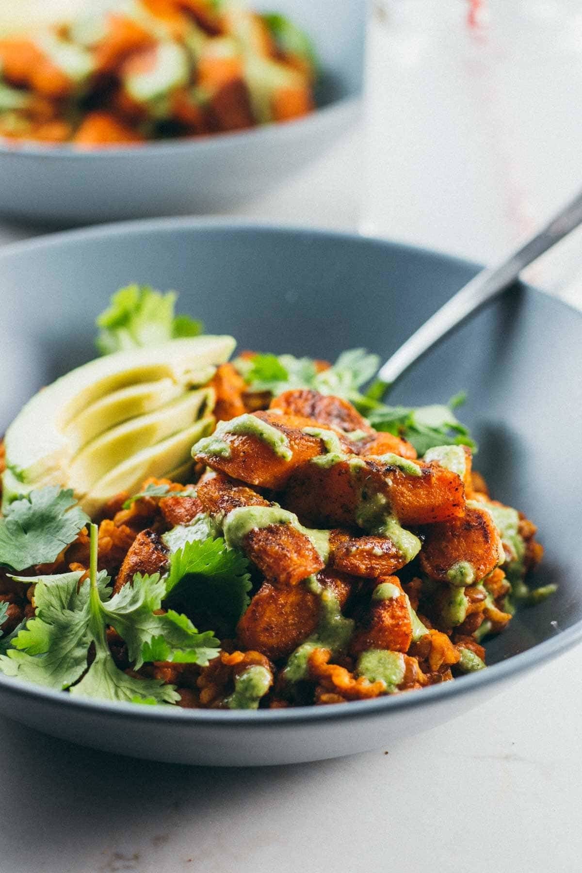 Lentil Curry Bowl with a fork.