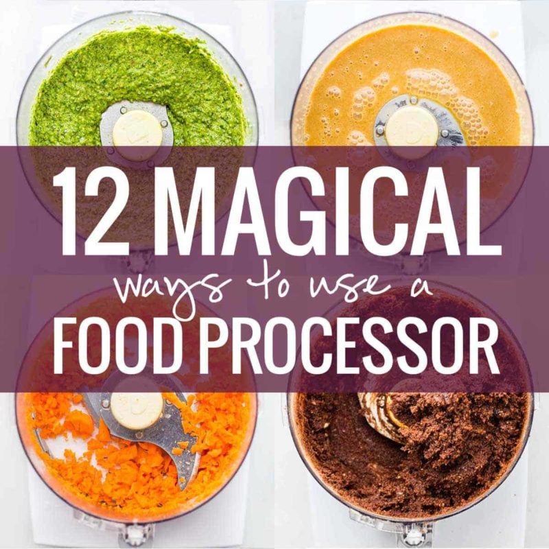 Foods in food processors in a collage.